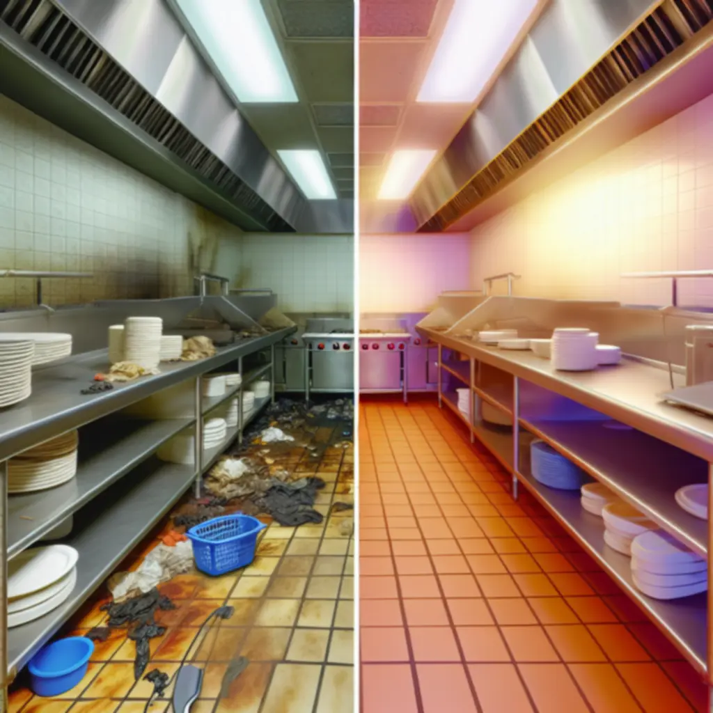 Voor-en-na resultaat van een dieptereiniging in horeca-keuken