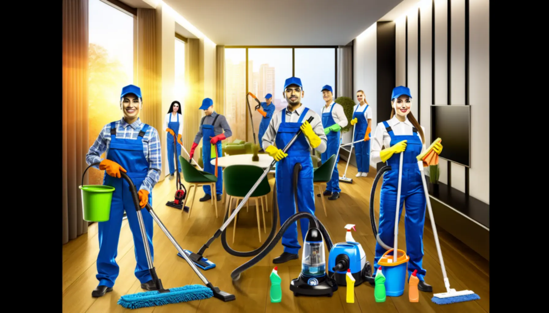 Schoonmaakteam aan het werk in moderne bedrijfsruimte