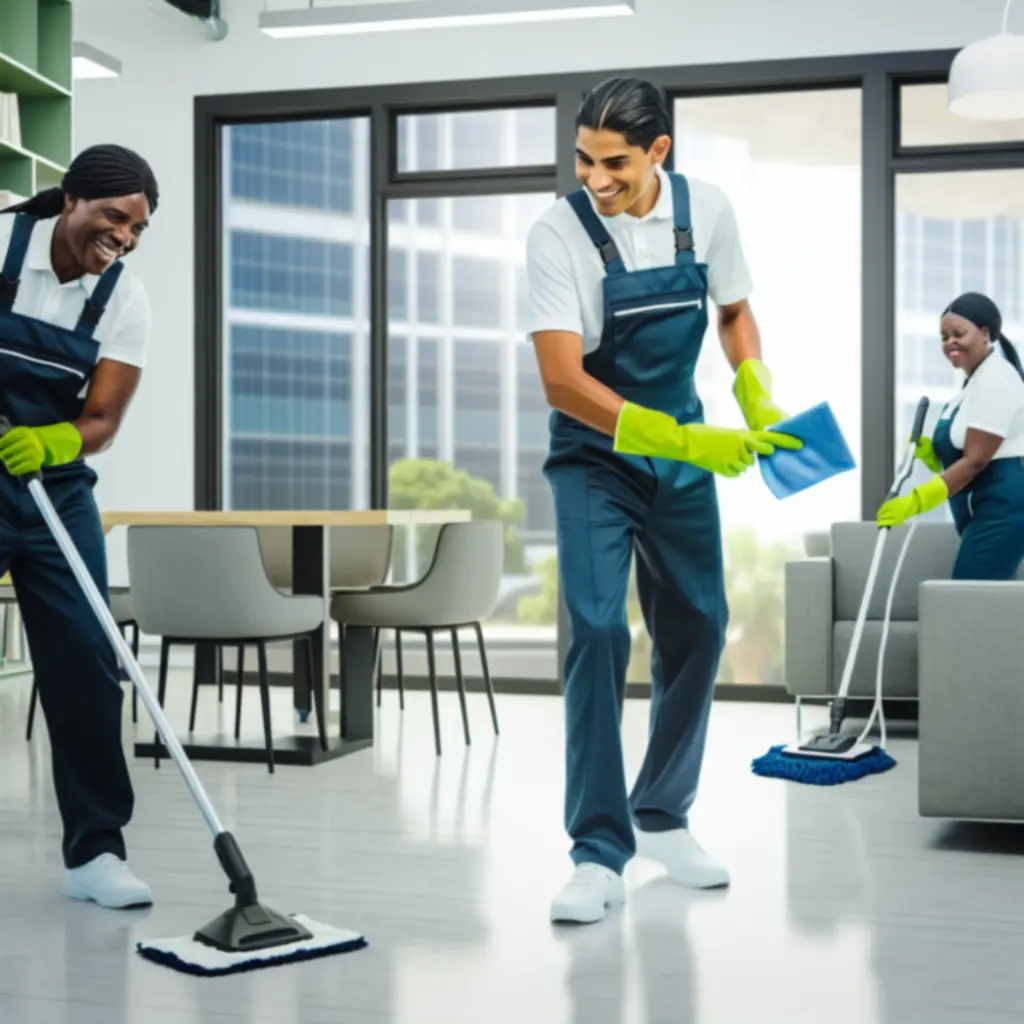 Schoonmaakteam aan het werk in een moderne kantoorruimte