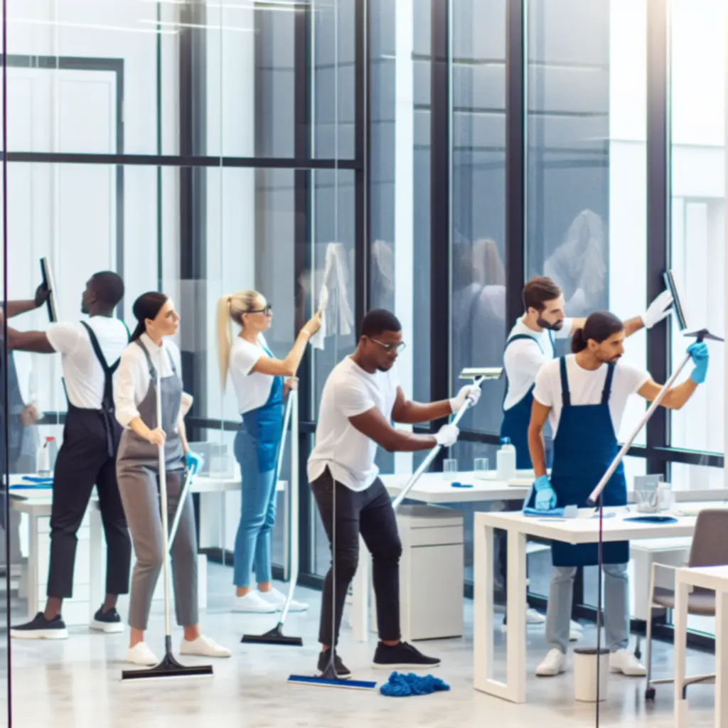 Schoonmaakteam dat ramen en werkplekken grondig reinigt