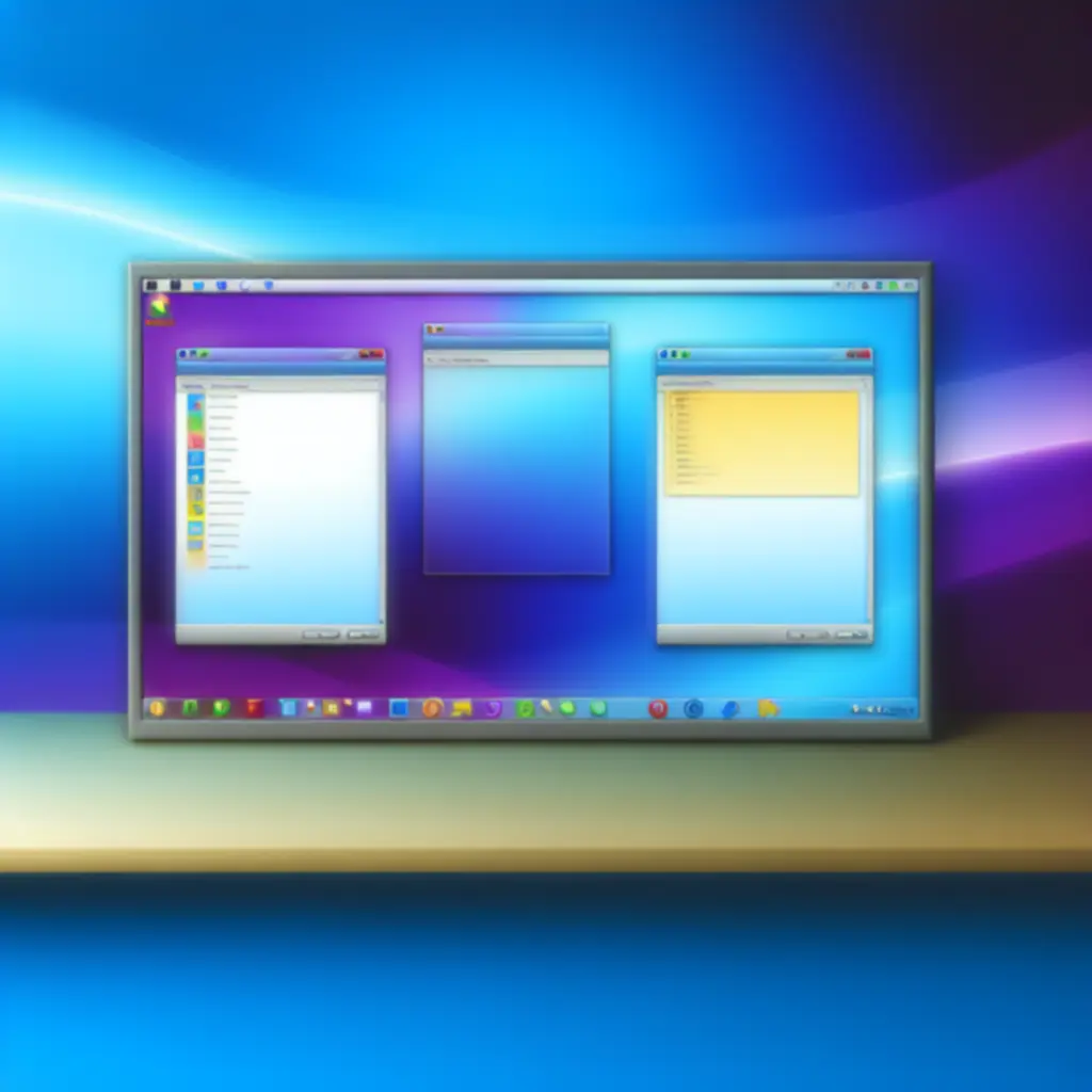 Illustratieve Windows desktop met vensters en taakbalk